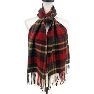 Club Room‎ Cashmere Tartan Plaid Scarf Orange Green Tan Fringe Unisex Classic